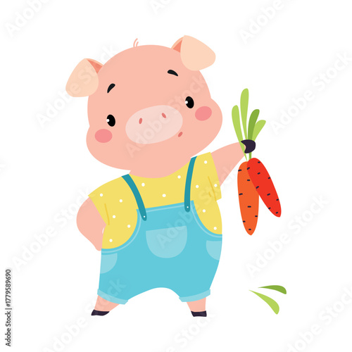 Cute Pig Character Stand Hold Carrot Vector Illustration