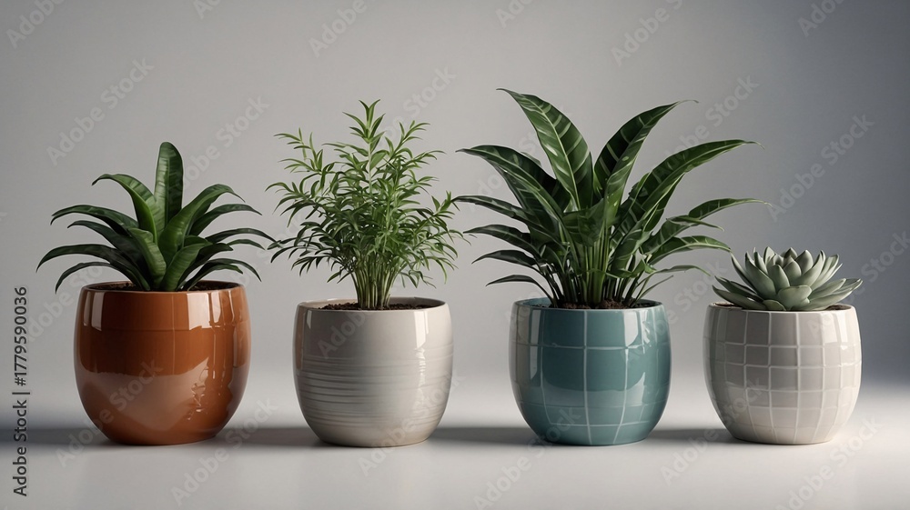 Fototapeta premium Four decorative potted plants in various shapes and colors, adding a touch of nature to any indoor space.
