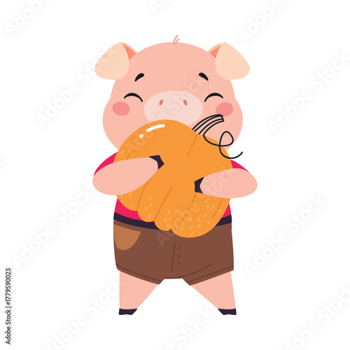 Cute Pig Character Carry Ripe Pumpkin Crop Vector Illustration