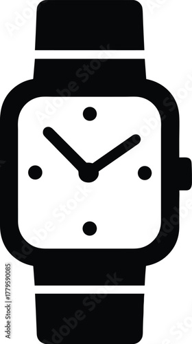 Wristwatch silhouette vector, black and white timepiece icon, rectangular face, classic strap design, minimal style, time concept illustration