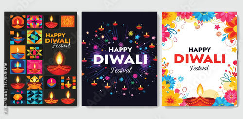 Three Colorful Diwali Festival Greeting Cards Joyful Celebration Illustrations