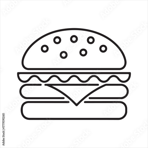 Simple outline icon of a classic hamburger with sesame seed bun and cheese
