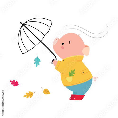 Cute Pig Character Walk in Coat with Umbrella Vector Illustration