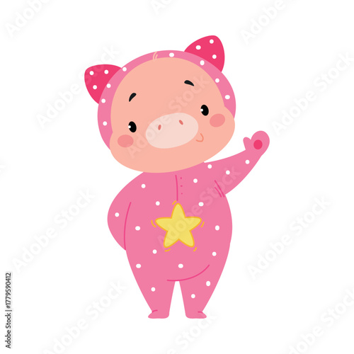 Cute Pig Character Wear Jumpsuit or Pajamas Vector Illustration