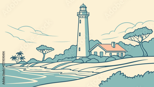 Minimalist vector of Jupiter lighthouse pastel seaside tone, elegant nautical travel art for home decor and illustration prints
