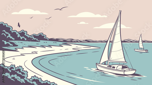 Minimalist vector of Fort Pierce inlet with sailboats, elegant pastel art perfect for travel posters and tropical prints
