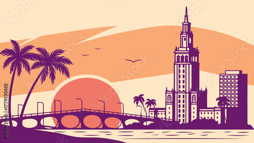 Minimalist vector of Miami skyline sunset gradient clean modern tone, elegant travel illustration for decor and city poster design

