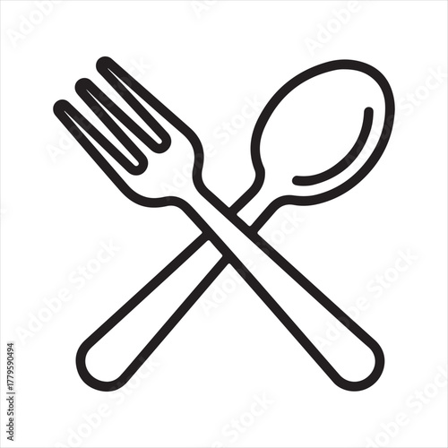 Simple line art icon of crossed fork and spoon symbolizing food dining and eating