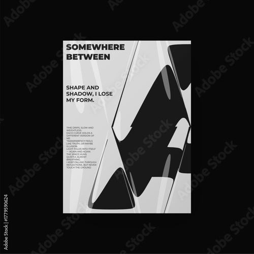 Abstract black-and-white poster featuring liquid glass distortion and smooth refraction effects. A futuristic composition blending typography, reflection, and optical illusion