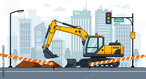 Yellow excavator digging on city street, infrastructure repairs, construction site, urban maintenance and roadwork
