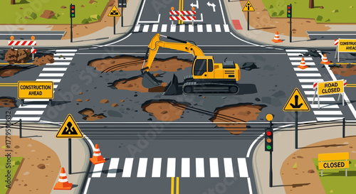 Excavator at road construction site with traffic signs for city maintenance and repair