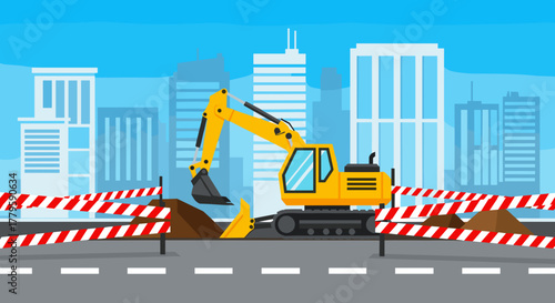 Excavator digging a trench, city background, for street repair, maintenance, and construction