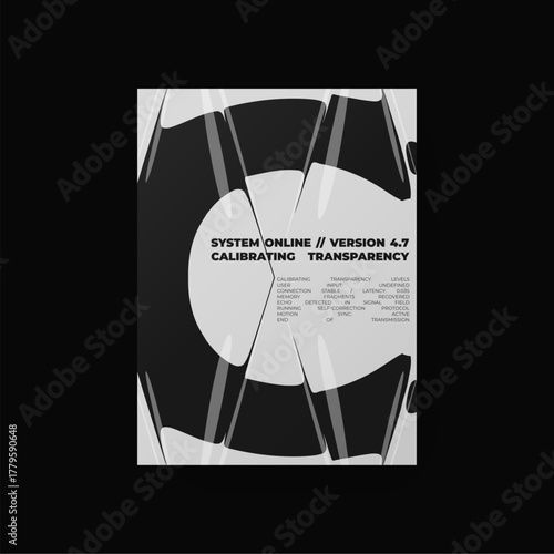 Abstract black-and-white poster featuring liquid glass distortion and smooth refraction effects. A futuristic composition blending typography, reflection, and optical illusion