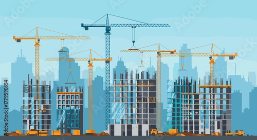 City construction shows buildings under construction with cranes working to erect structures. City construction uses metal and concrete, showing progress and development, tall buildings are going up.