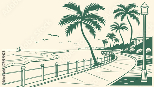 Minimal vector of Hollywood Beach boardwalk pastel tones, clean tropical travel design ideal for wall decor and USA illustration

