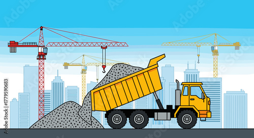 Construction truck unloading gravel against the cityscape background for city maintenance advertisement