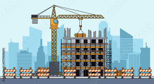 Building under construction, showing steel frame and crane against skyline. Building construction with scaffolding illustrates urban development. Building construction for city maintenance.