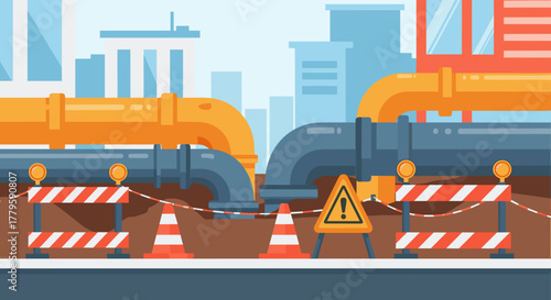 Urban pipeline system shows system maintenance work on city street with orange and blue pipes.