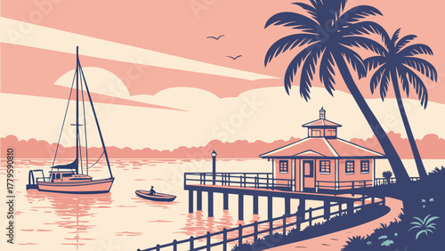Flat design of Fort Myers harbor sunset minimal vector, clean pastel color palette ideal for travel and tropical lifestyle poster art
