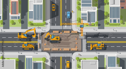 City construction site with heavy machinery working on road repairs and excavation at busy intersection. City maintenance includes excavators and construction vehicles repairing streets.