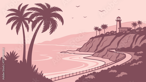Flat design of Palm Beach coastline in pastel pink gradient, clean elegant travel vector for wall prints and beach lifestyle decor
