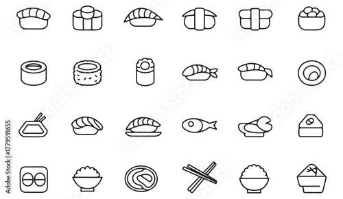 Minimalist sushi icon pack — Japanese nigiri, maki, sashimi, and rice bowl vector illustrations in clean line art style for food branding and design