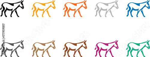 Stylized donkey icons colorful mammal set, Vibrant animal silhouettes vector design