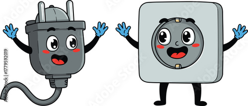 Cartoon electrical plug and socket characters, smiling face illustration, vector flat design, energy connection concept, funny anthropomorphic power outlet drawing