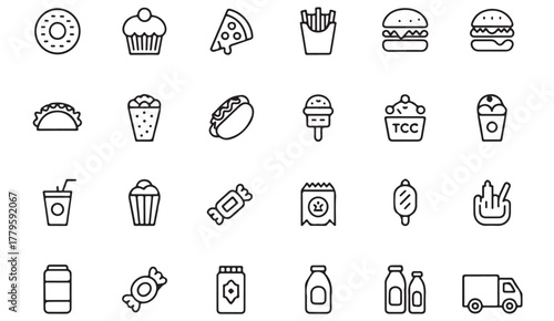 Street food vector icons — black and white minimalist illustrations of popular snacks and beverages for creative projects