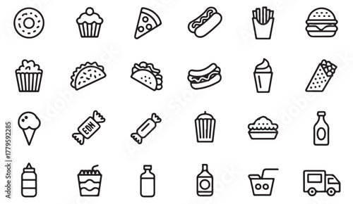 Minimalist fast food icon pack — outline vector illustrations of burger, fries, pizza, and snacks for restaurant and delivery app design