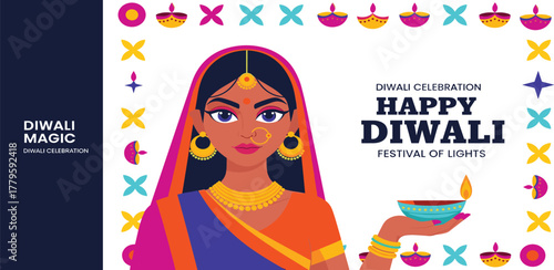 Diwali Celebration Festival of Lights with a Woman Holding a Diya - A Vibrant Illustration