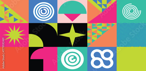 Vibrant abstract geometric mosaic featuring a lively array of colorful shapes and modern patterns, perfect for contemporary design backgrounds and graphic art