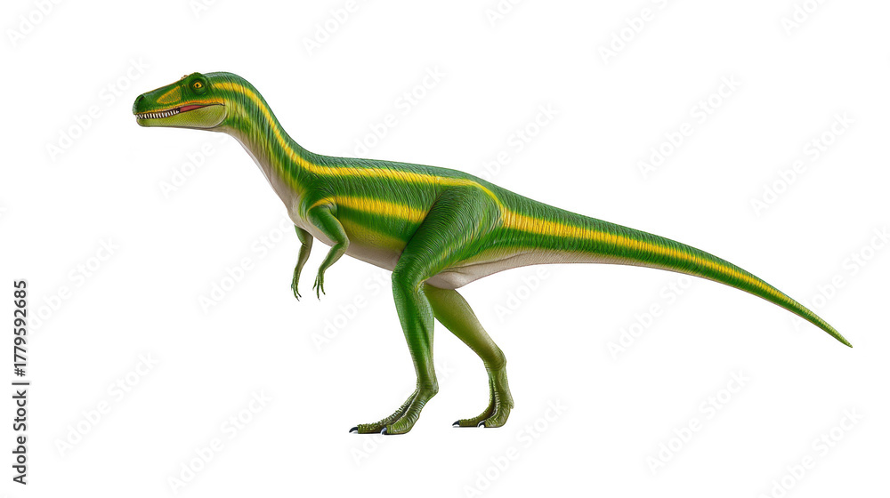 Fototapeta premium Green dinosaur prehistoric animal standing on two legs with long tail and sharp teeth isolated on transparency background realistic illustration ancient reptile fierce expression