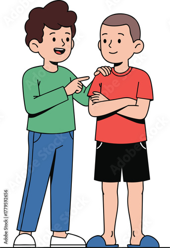 Happy children interacting, cartoon boys smiling, friendship moment, diverse kids illustration, playful pose, casual outfit, cheerful expression, childhood bonding, vector character design