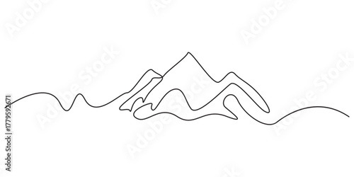 mountain continuous one line drawing, Minimalist mountain vector illustration, outline design isolated., One continuous line drawing of mountain range landscape template, One continuous line drawing