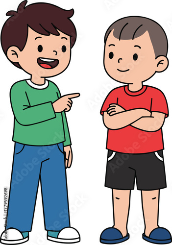 Cartoon boys smiling, friendly interaction, casual outfit, childhood moment, cheerful kids illustration, vector character design, playful pose, happy children, diverse friendship scene