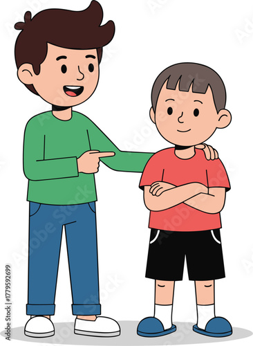 Cartoon boys standing, friendly interaction, casual outfit, childhood moment, cheerful kids illustration, vector character design, playful pose, happy children, diverse friendship scene