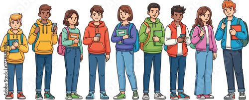 Diverse group of students, standing together, casual clothing, holding books and smartphones, multicultural youth, academic lifestyle, education concept, white background, school supplies