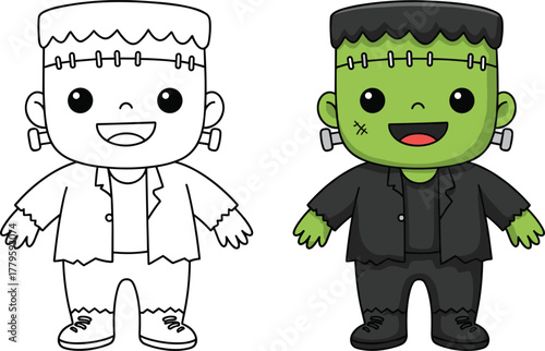 Cartoon Frankenstein monster illustration, Halloween character drawing, green skin vector art, spooky fun design, children coloring page, cad drawing flat vector illustration