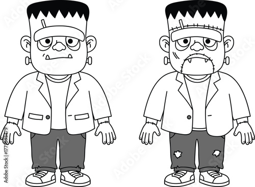Cartoon Frankenstein monster vector illustration, aged and young version comparison, Halloween character drawing, creepy creature artwork, cad drawing flat vector illustration