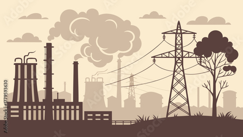 Silhouette illustration of industrial landscape with factories power lines and smoke emissions in sepia tones