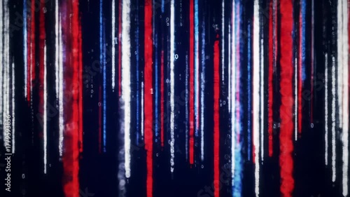 abstract full-screen wide video of luminous vertical data streams in deep red, white, and blue, cascading downwards against a dark blue void. patriotic data visualization concept