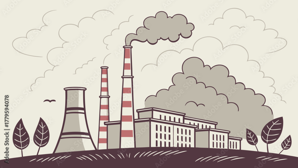Obraz premium Illustration of a factory with smokestacks, buildings, clouds, and trees in a vintage style
