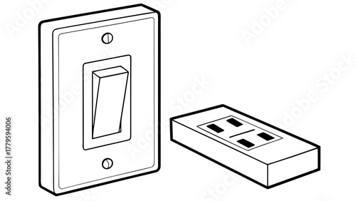 Illustration of a light switch with a toggle and a plug socket in a simple line drawing style
