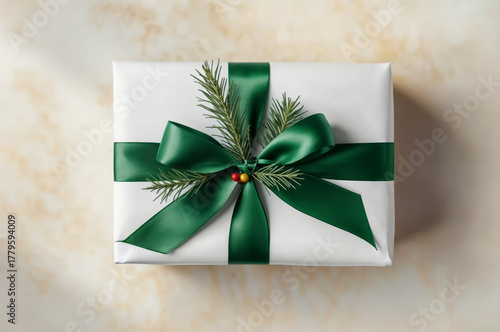 A beautifully wrapped gift sits on a soft beige surface. The white paper is adorned with a dark green ribbon and a decorative pine sprig, creating a festive look. Ideal for special occasions.