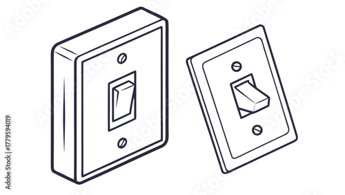 Illustration of two electrical light switches with toggle in different positions on a white background