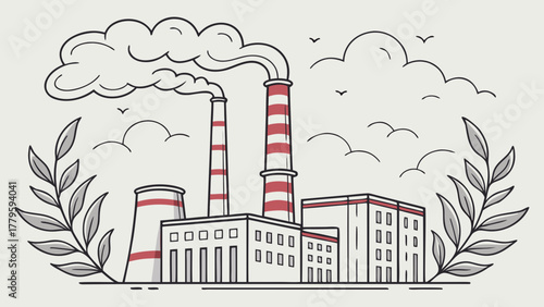 Illustration of a factory with smoking chimneys and surrounding nature elements and birds in the sky