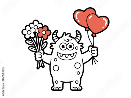 A friendly monster character holds a bouquet of flowers and two heart-shaped balloons.