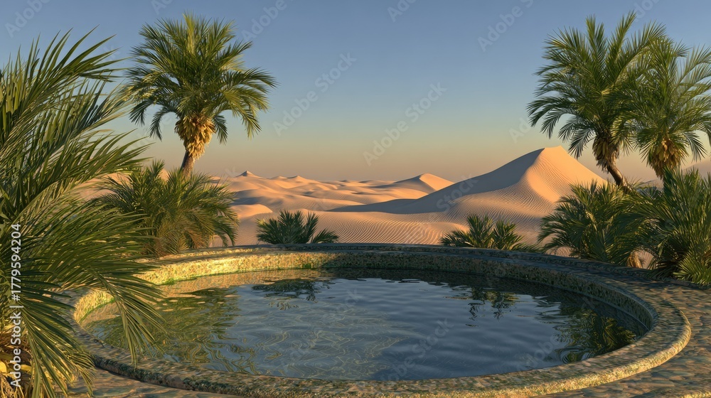 Obraz premium Desert oasis scene with palm trees and water pool under clear sky