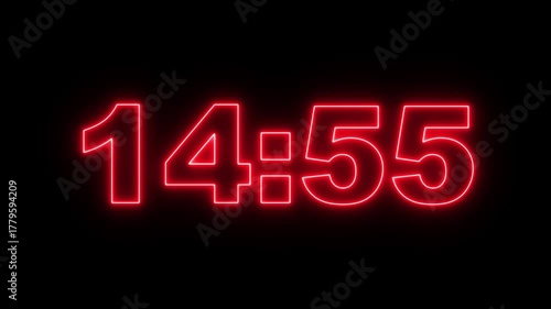 glowing neon 15 minute Countdown. neon 15 to 14 minute Countdown timer on black background. neon Countdown timer from 15 minute to 14 minute suitable for presentations, educational.